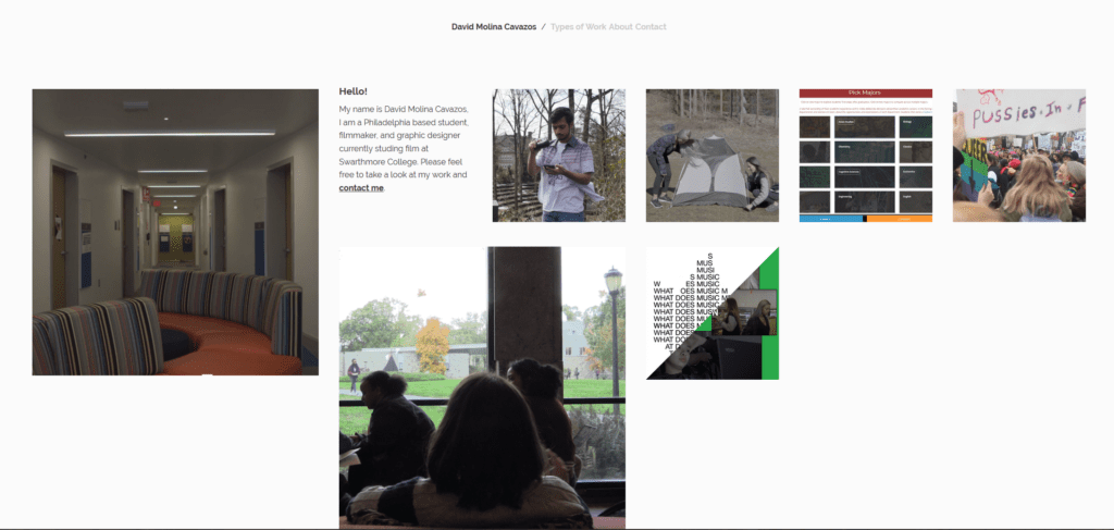 A photo of a Tumblr theme disguised as a portfolio. There is small text at the stop that reads "David Molina Cavazos. Types of Work. About. Contact." 