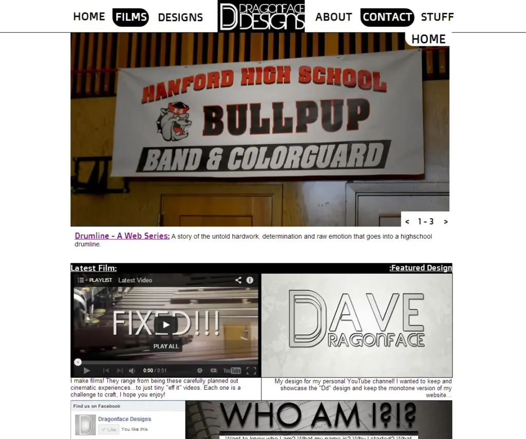 An image of dragonfacedesigns.com, the first website. The homepage is very crudely thrown together with a black and white and heavily textured aesthetic.