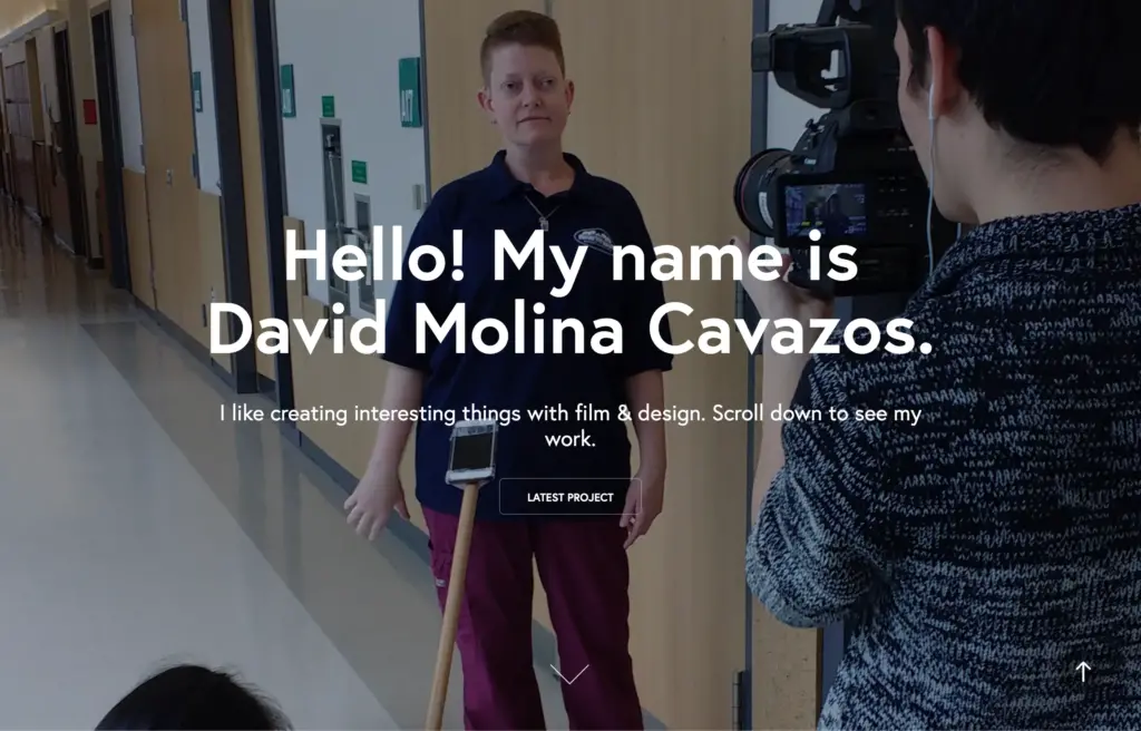 A photo of Dave holding a camera with the text "Hello! My name is David Molina Cavazos. I like creating interesting things with film & design."