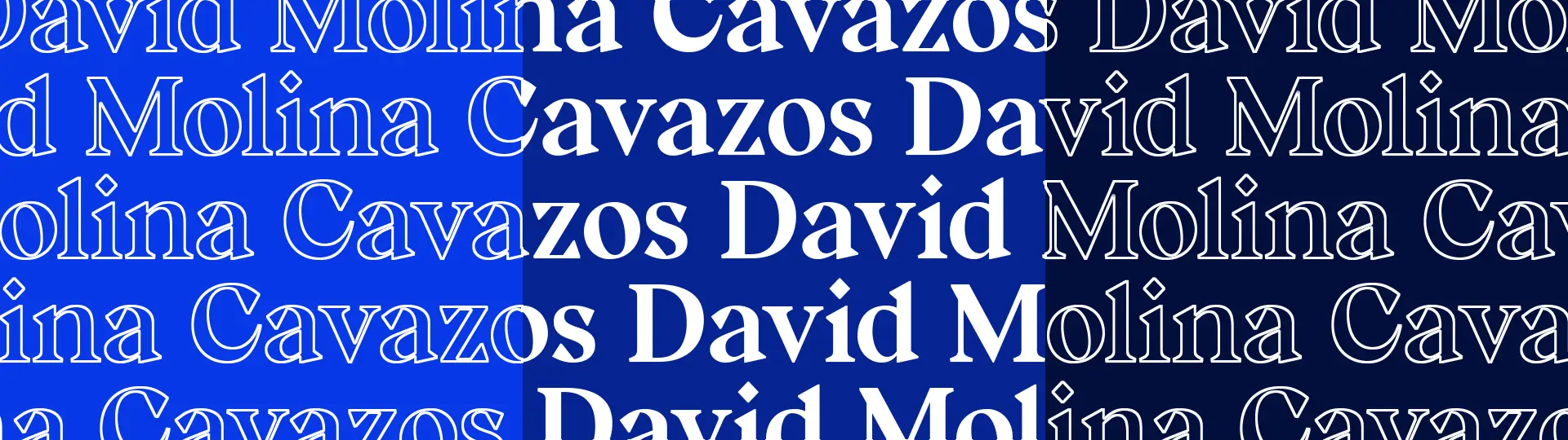 A graphic with the text "David Molina Cavazos" repeating and getting cut off at the edges. The primary blue is a square at a center of the image, framed on either side by brighter and darker blues.