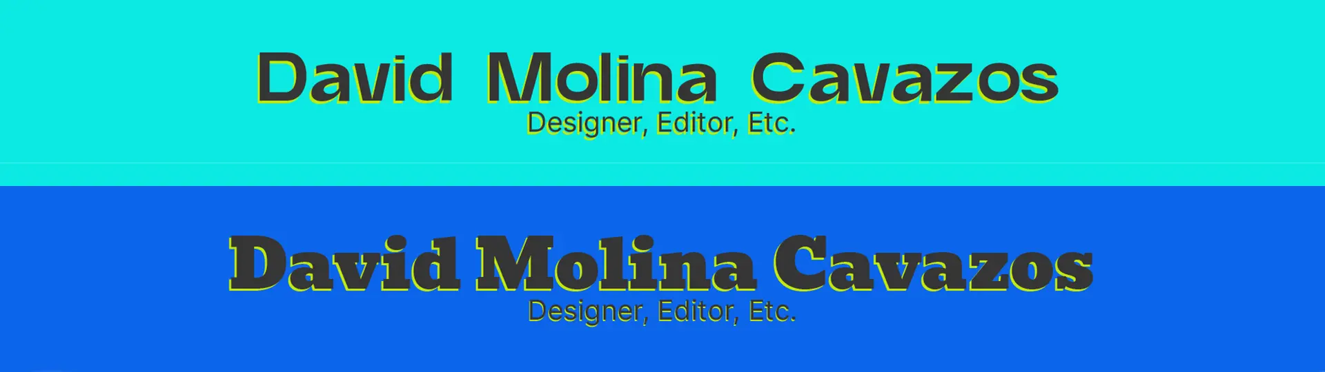 An image containing the text "David Molina Cavazos: Designer, Editor, etc" in various fonts and colors.